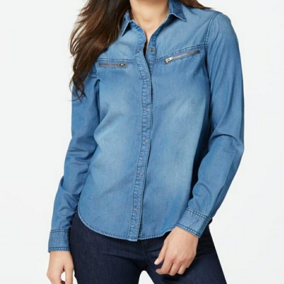 JustFab Tops - JUSTFAB Western Rodeo zipper chambray long sleeve button down Shirttail medium